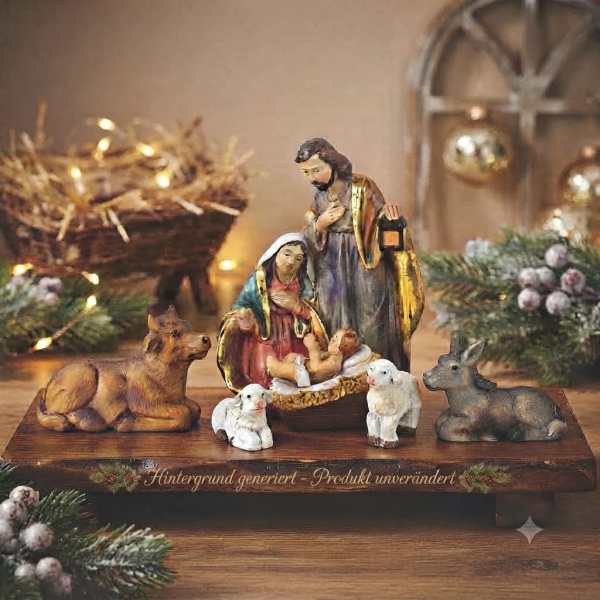 Erlesenes Krippenfiguren-Set 75012– Die Heilige Familie mit Ochse, Esel und Schafen